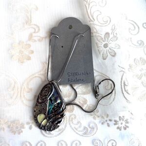 Abalone Shell Teardrop Pendant Necklace Silver Tone Wrapped Silver Boho Jewelry